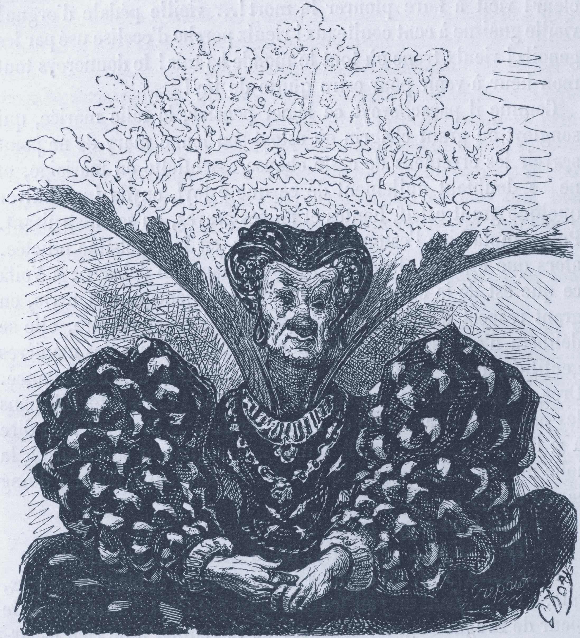 Gustave Doré engraving of an elder lady — an ancestor passing traits down the line